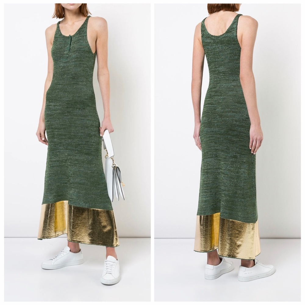 JW Anderson Green Metallic Knit Maxi Dress Gold Foil Coated Medium Designer NWT - Picture 3 of 13